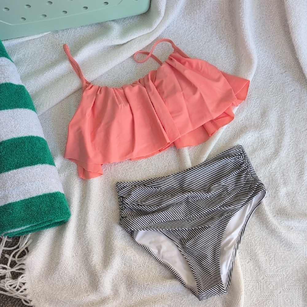Coral and Black Striped Bikini